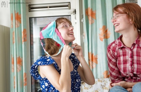 Teen dykes in glasses Yara and Gretchen trib hairy twats in kitchen