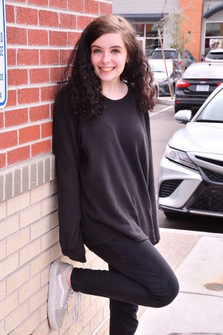 Beautifully dressed Francine toys her delicious shaved pussy with huge dildos