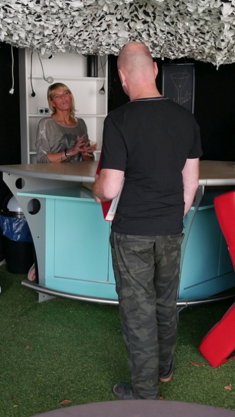 Female with white hair makes construction inspector sneak inside pussy