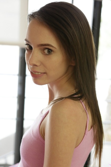 Skinny flat chested Aria Haze spreads her tiny pussy for her BF's big dick