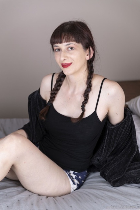 Amateur brunette with red lipstick Destine fingering her hairy pussy