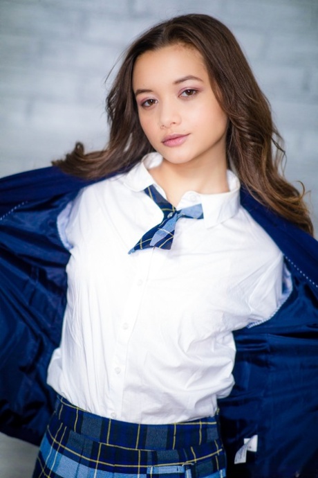 Tiny teen Alex De La Flor removes school uniform to pose nude in tie and socks