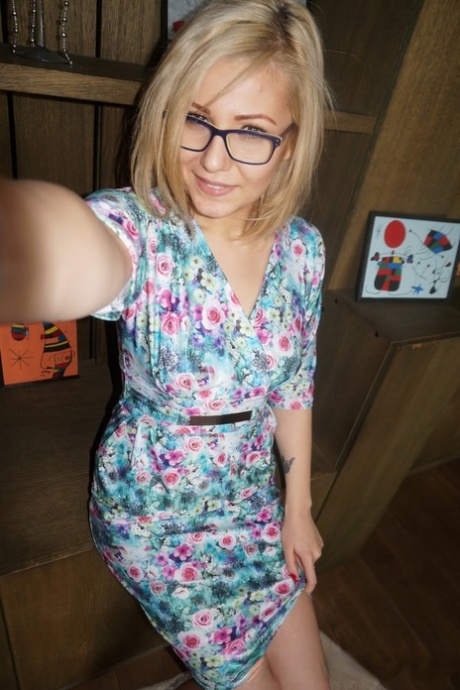 Naughty blonde amateur shows her lovely tits & takes selfies around the house