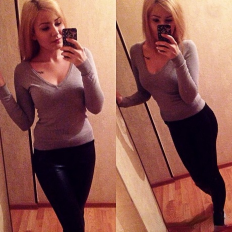 Naughty blonde amateur shows her lovely tits & takes selfies around the house