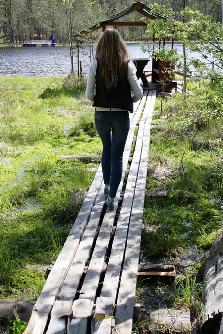 Hot teen Megan gives a POV blowjob while showing her tits in cottage country