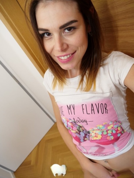 Brunette sweetie exposes her tiny boobs and fabulous ass up close