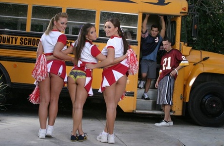 Hot cheerleaders Rachel RoXXX, Jaclyn Case & Aline flash their boobs outdoors