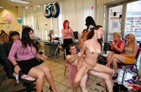 Asian babe gets deep pussy banged at the office orgy party