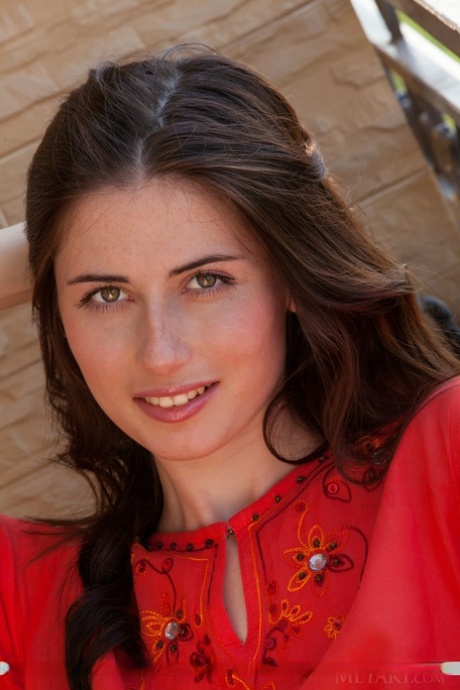 Young European brunette Rosett flashing up skirt pussy outdoors on balcony