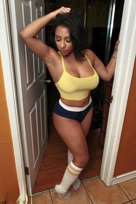 Thick ebony girlfriend in shorts sucking cock POV & getting covered in cum