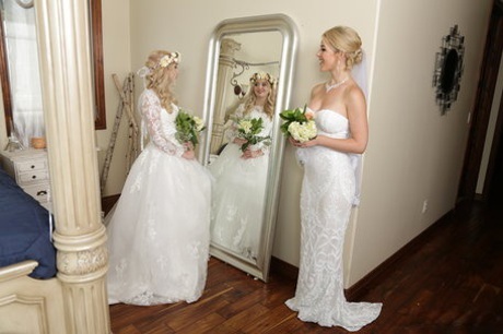 Hot lesbian brides Lexi & Kit pussy lick & scissor before sharing a big cock