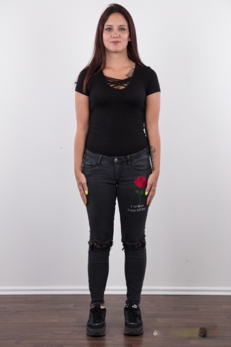 Teen first timer Nikola frees her tan lined body from a T-shirt and jeans