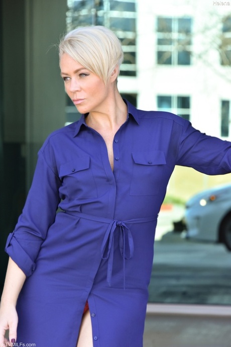 Beautiful older Helena flashing firm small tits and sexy panties in public