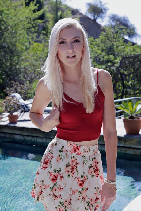 Pale blonde teen Alexa Grace flaunts tanned petite ass outdoors & spreads lips