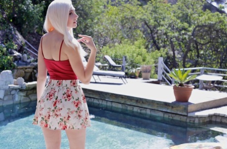Pale blonde teen Alexa Grace flaunts tanned petite ass outdoors & spreads lips