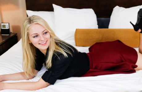 Doe eyed blonde Alli Rae exposes sweet natural tits for pov blowjob & fuck