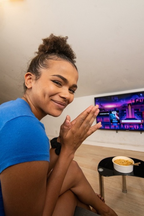 Sexy ebony teen Alina Ali pleasuring her trimmed pussy with white meat