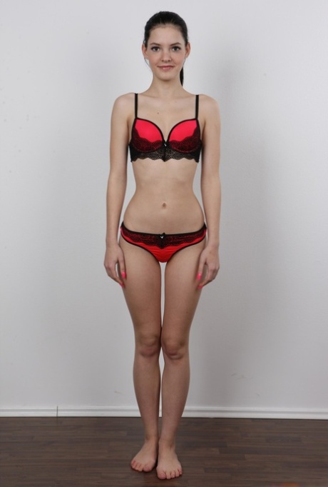 Cute teen Aneta peels her jeans to pose naked for a casting shoot