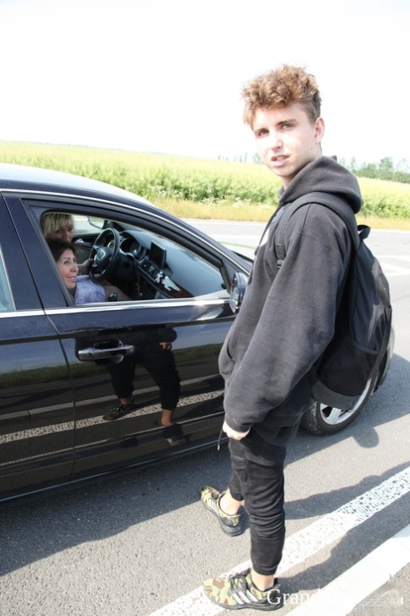 Chubby blonde granny Stacey and her friend bang a lucky teen hitchhiker