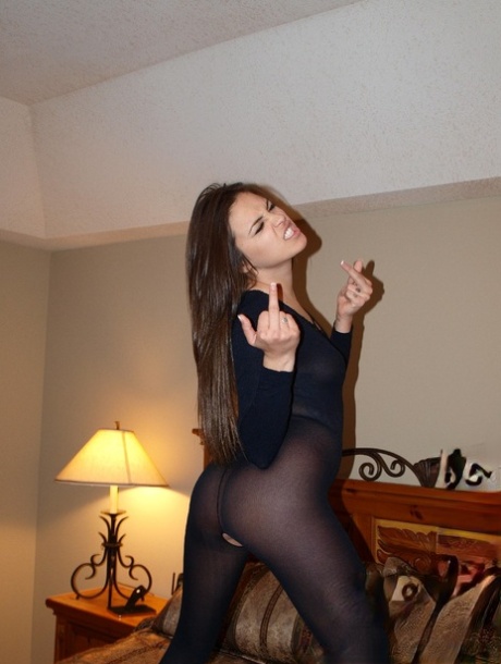 JOI Nina James pulls her crotchless pantyhose up and over her pussy