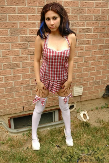 Adorable amateur schoolgirl Angel in white stockings flashes panty upskirt