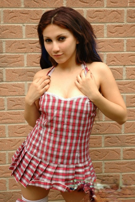 Adorable amateur schoolgirl Angel in white stockings flashes panty upskirt