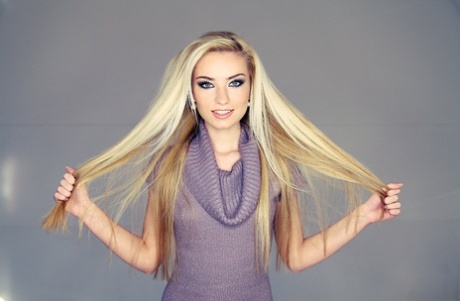 Beautiful blonde skinny girl Diana strips sexy dress to and stretches naked