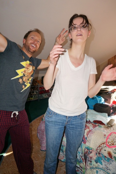 Nerdy chick Jay Taylor strips to thigh high socks and her underwear