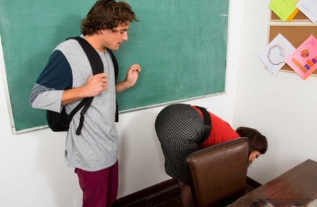 Naughty teacher Tyler Sara Jay blows, titty fucks & rides her student in class