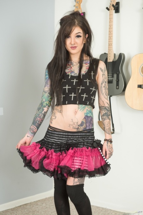 Adorable young punk girl Kelsi flashes panty upskirt & spreads meaty pussy