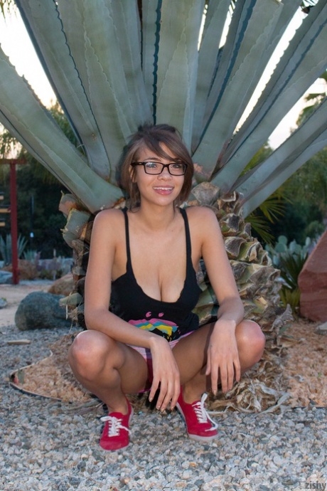 Cute girlfriend Cassidy Ellis in glasses flashing her tits & panties in public