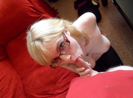 Nerdy amateur Jessica Lo sucks off a dick on her knees for cumshot on glasses