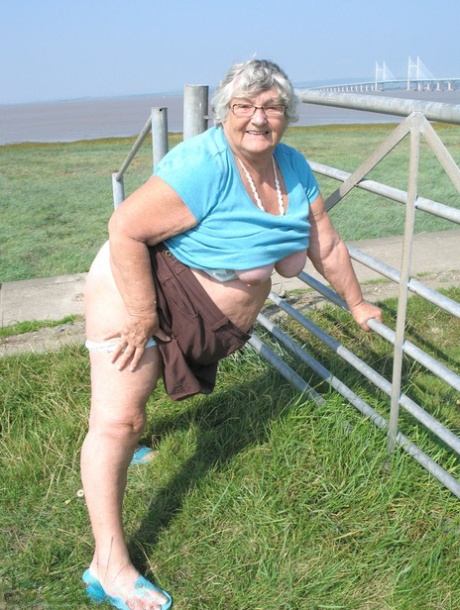 Fat old woman Grandma Libby exposes herself on a desolate bike path