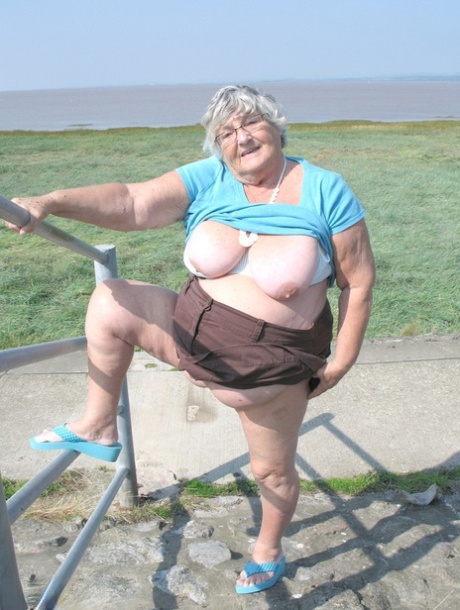Fat old woman Grandma Libby exposes herself on a desolate bike path