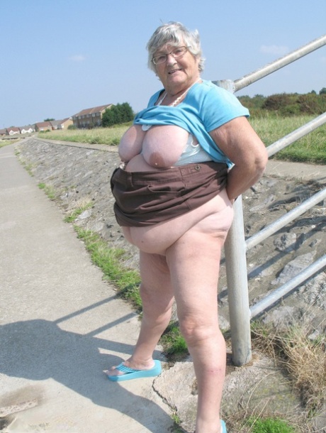 Fat old woman Grandma Libby exposes herself on a desolate bike path