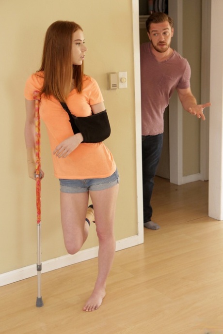 Teen step sister with broken arm gets bald pussy covered in cum by step bro