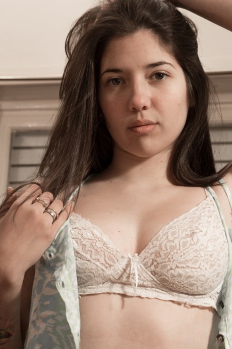 Young brunette Virgin peels lace panties & bra & spreads hairy bush in closeup