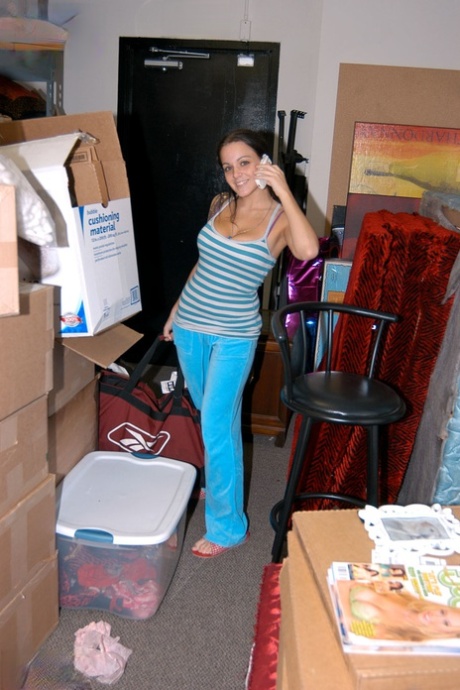 Big-eyed brunette Natasha Nice flashes natural tits & hot naked ass upskirt