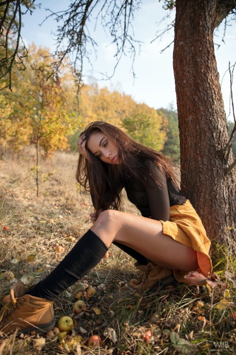 Glam model Sabrisse shows landing strip pussy in black knee socks under a tree