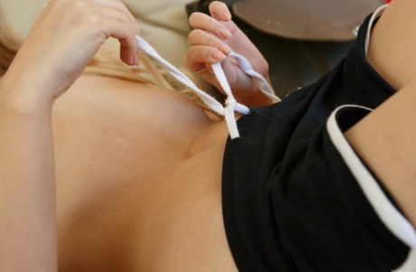 Petite Russian Chanel Fenn strips off her booty shorts & shows her meaty muff