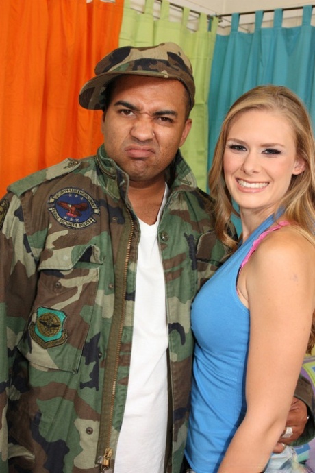 Blonde Sunset Diamond swallows and fucks military dude's huge black cock