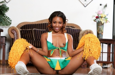 Cheerleader Chanell Heart flashing panty upskirt & showing naked ebony pussy