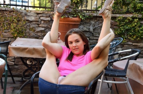 Flexy amateur Devon flashes a no panty upskirt outdoors before modeling naked