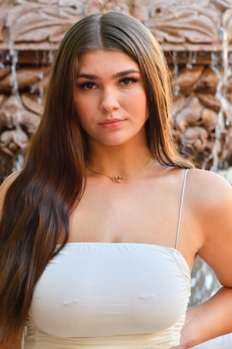 Breathtaking girlfriend Aria strips her white dress in public & masturbates