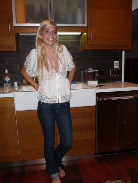 Young blonde girl takes nude and semi-nude selfies during solo action