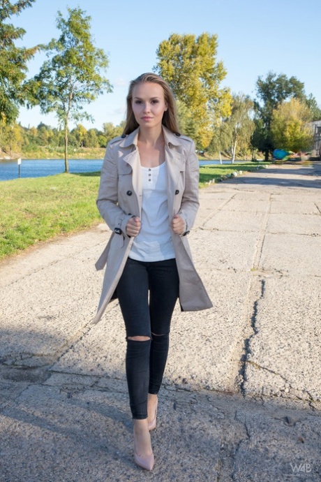 Leggy young girl Angel B is totally into public exhibition